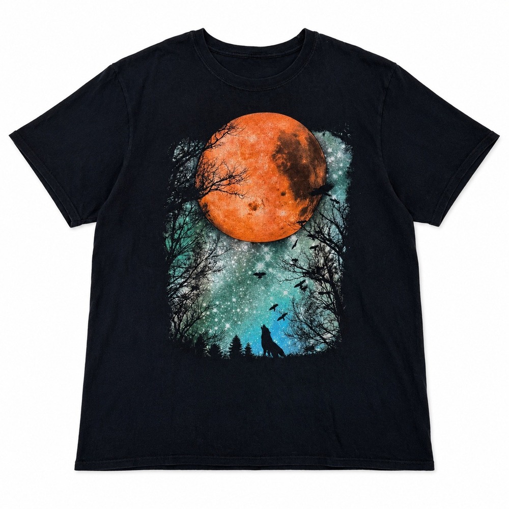 Novelty Wolf Howling Blood Moon Galaxy Graphic Tee Black Womens Medium Celestial